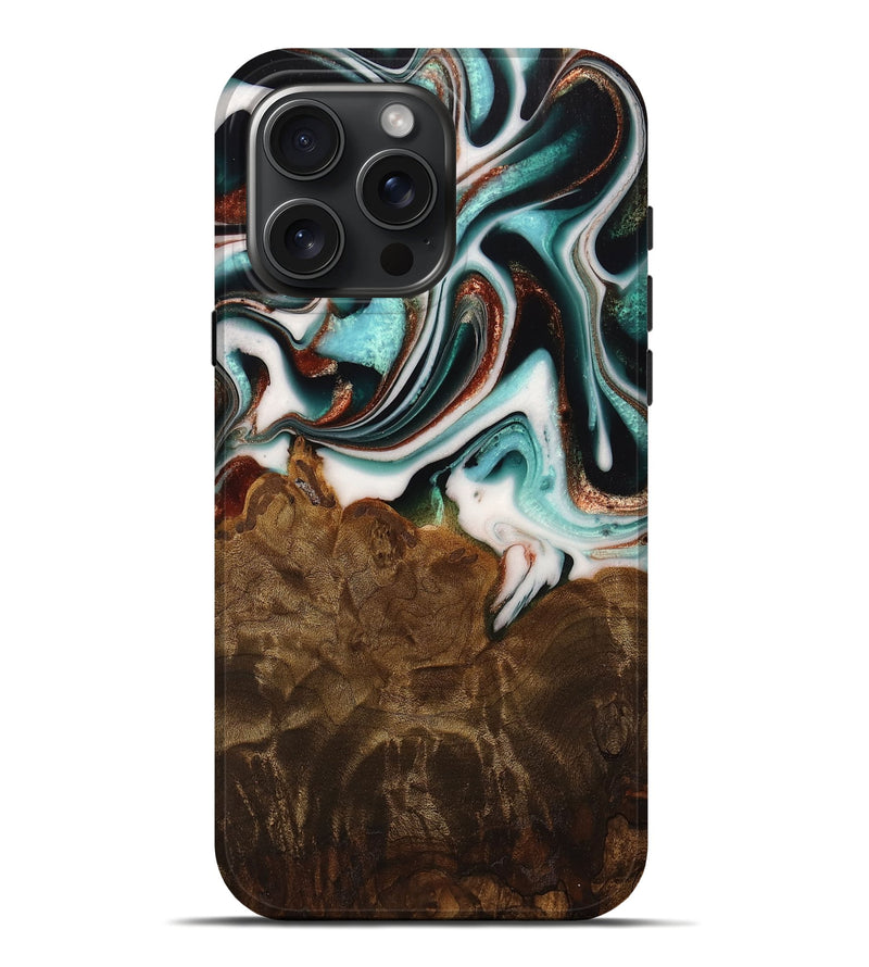 iPhone 16 Pro Max Wood Live Edge Phone Case - Ulla (Teal & Gold, 742972)