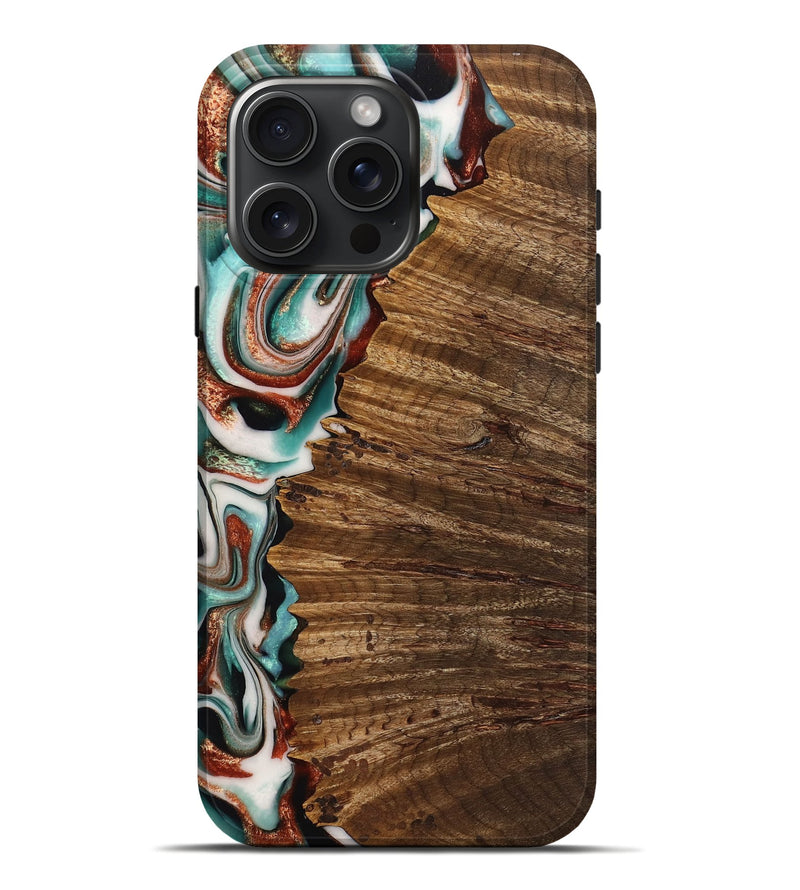 iPhone 16 Pro Max Wood Live Edge Phone Case - Heaven (Teal & Gold, 742983)
