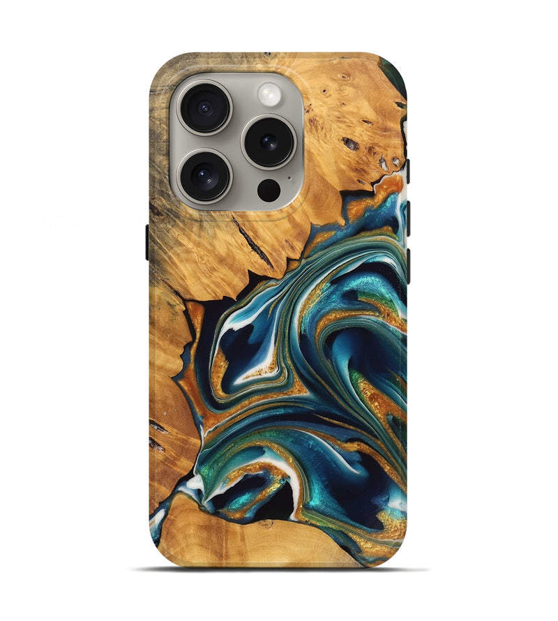iPhone 16 Pro Wood Live Edge Phone Case - Tyrique (Teal & Gold, 744085)