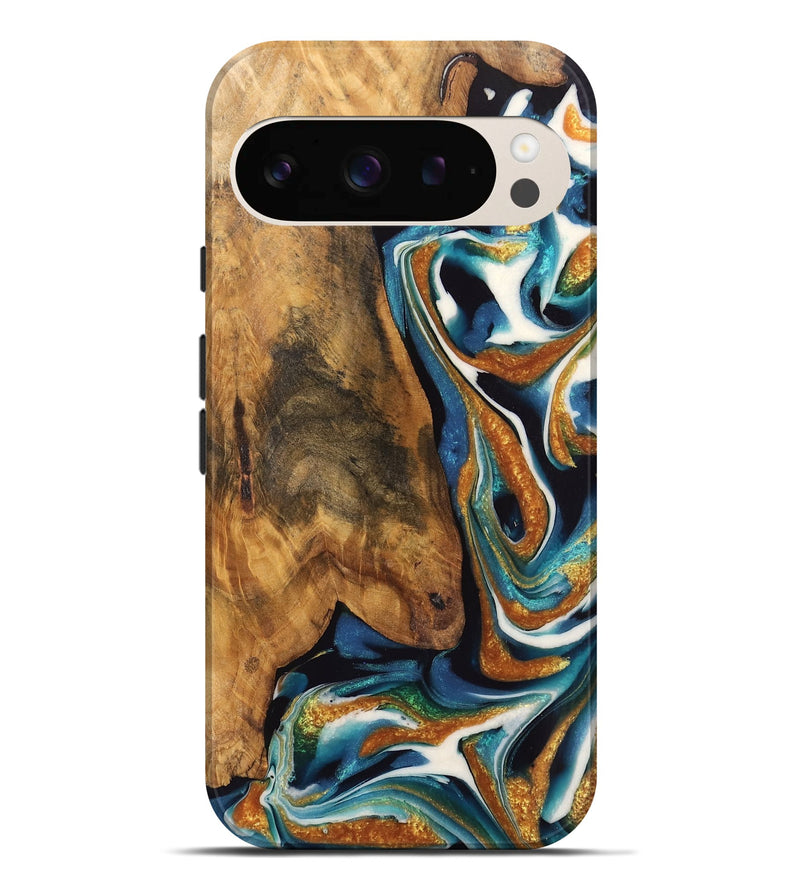 Pixel 9 Pro XL Wood Live Edge Phone Case - Sarine (Teal & Gold, 744090)