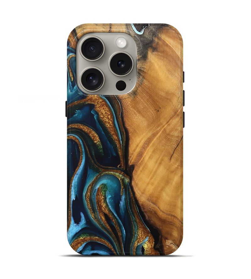 iPhone 16 Pro Wood Live Edge Phone Case - Charil (Teal & Gold, 744369)