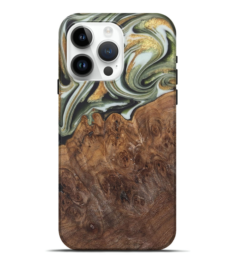 iPhone 15 Pro Max Wood Live Edge Phone Case - Malcom (Teal & Gold, 744381)