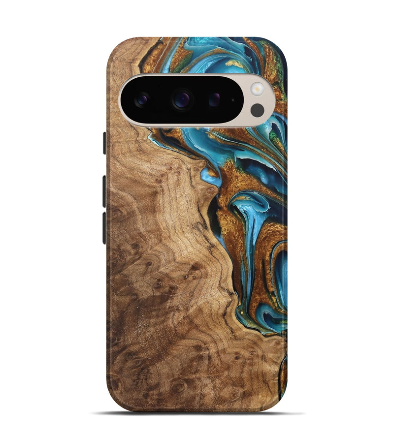 Pixel 9 Pro Wood Live Edge Phone Case - Erykah (Teal & Gold, 744384)