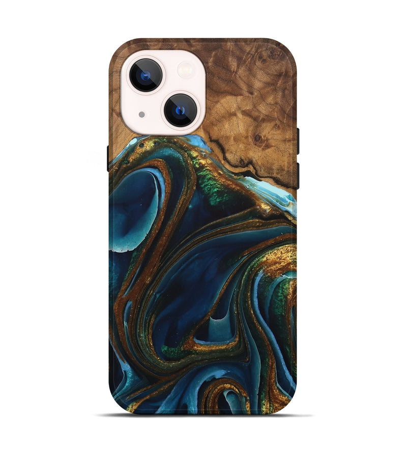 iPhone 14 Wood Live Edge Phone Case - Tyrique (Teal & Gold, 744385)