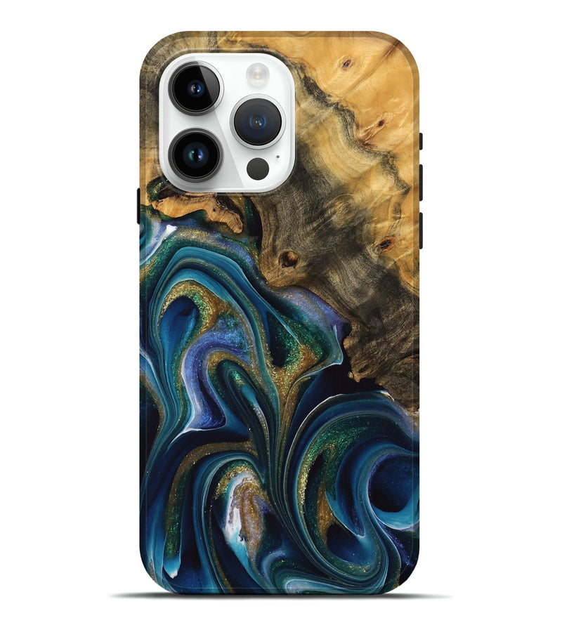 iPhone 15 Pro Max Wood Live Edge Phone Case - Athar (Teal & Gold, 744743)