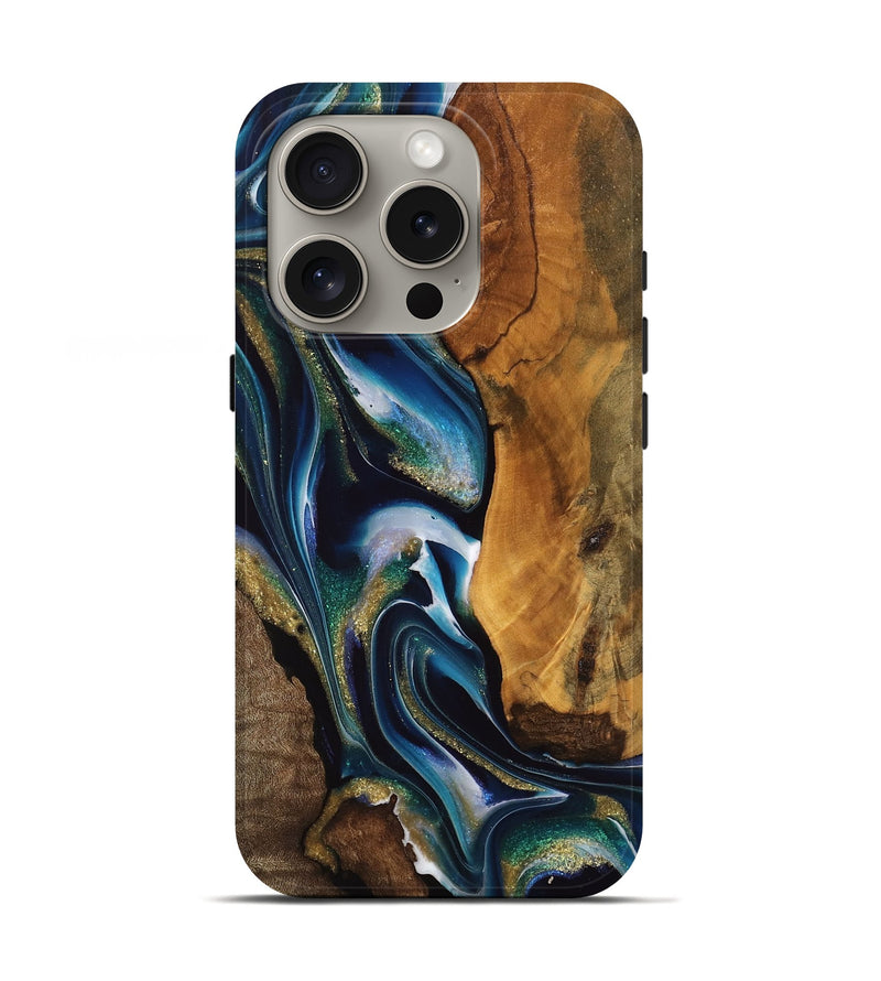 iPhone 16 Pro Wood Live Edge Phone Case - Lavonia (Teal & Gold, 744744)