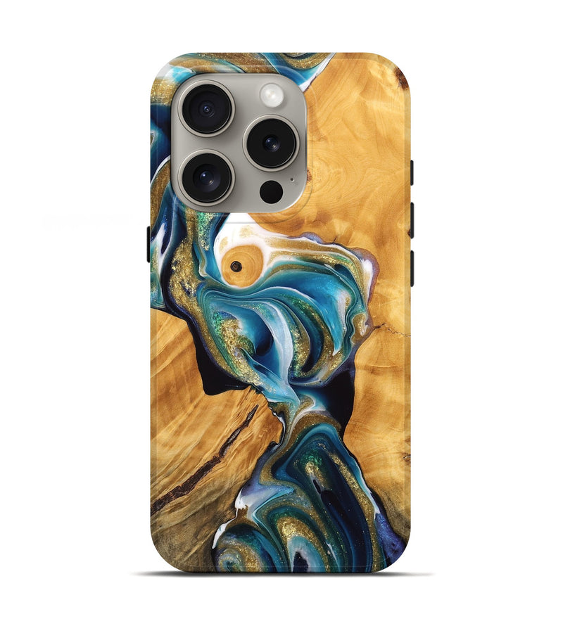 iPhone 16 Pro Wood Live Edge Phone Case - Adriena (Teal & Gold, 744751)