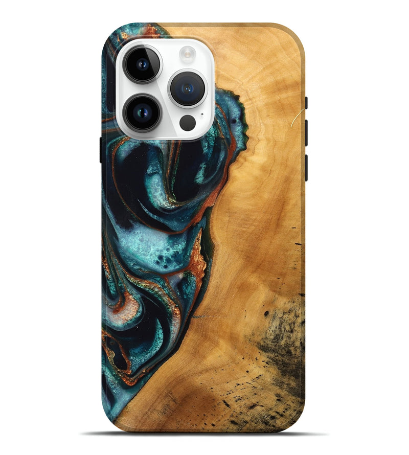 iPhone 15 Pro Max Wood Live Edge Phone Case - Salli (Teal & Gold, 744752)
