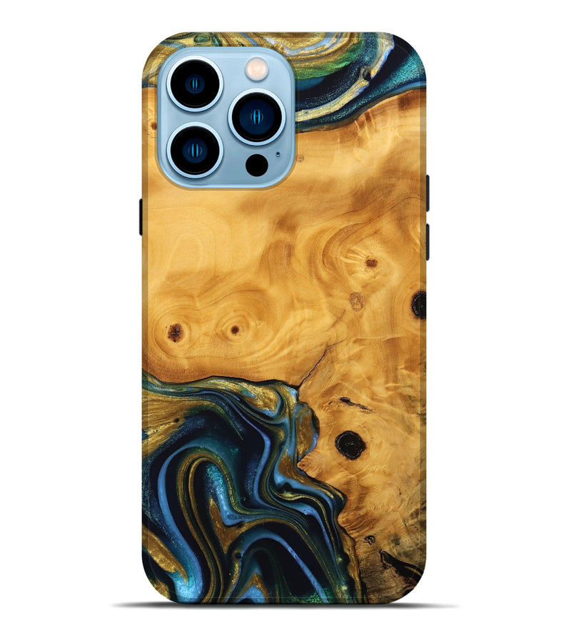 iPhone 14 Pro Max Wood Live Edge Phone Case - Robt (Teal & Gold, 744753)