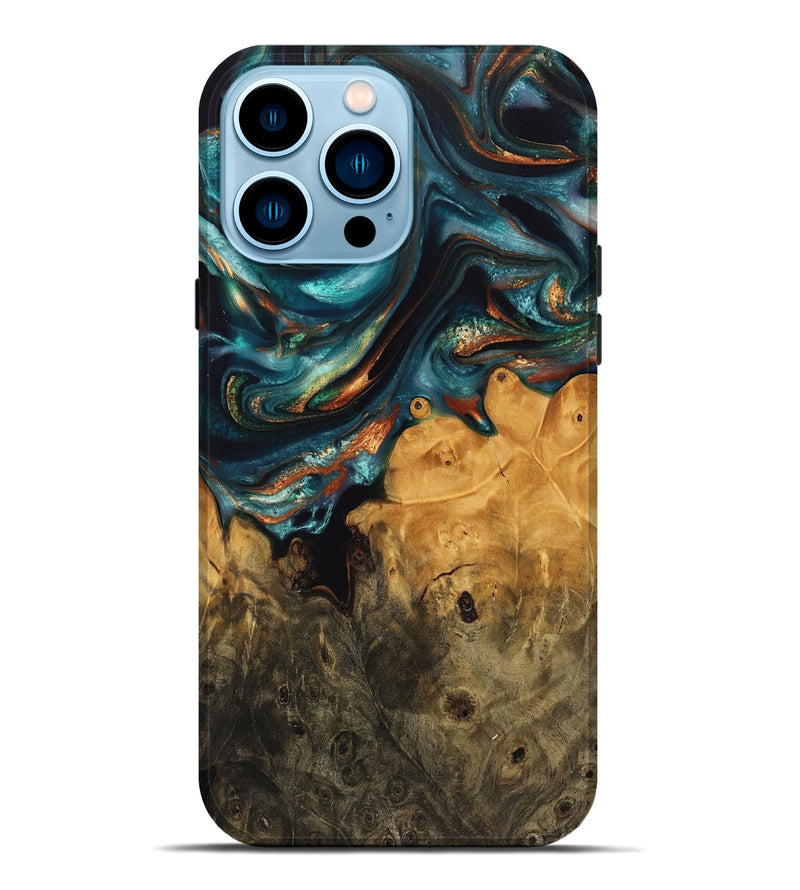 iPhone 14 Pro Max Wood Live Edge Phone Case - Franny (Teal & Gold, 744761)