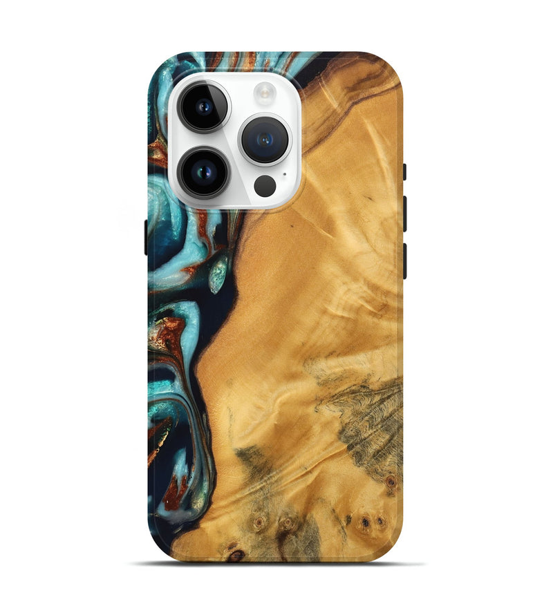 iPhone 15 Pro Wood Live Edge Phone Case - Taya (Teal & Gold, 744763)