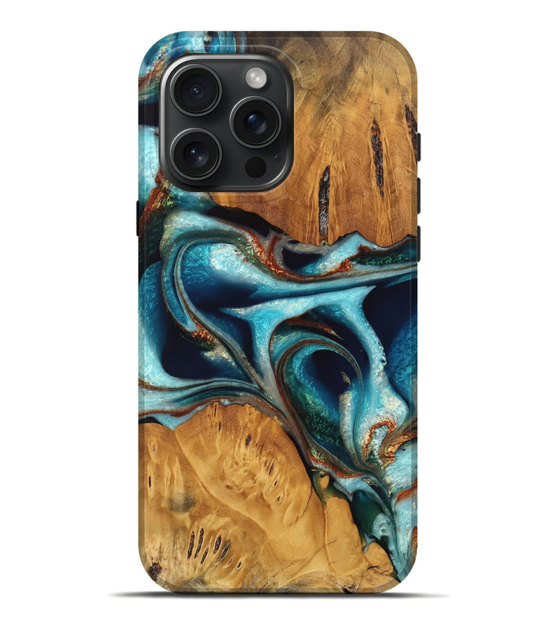iPhone 16 Pro Max Wood Live Edge Phone Case - Jessa (Teal & Gold, 744764)