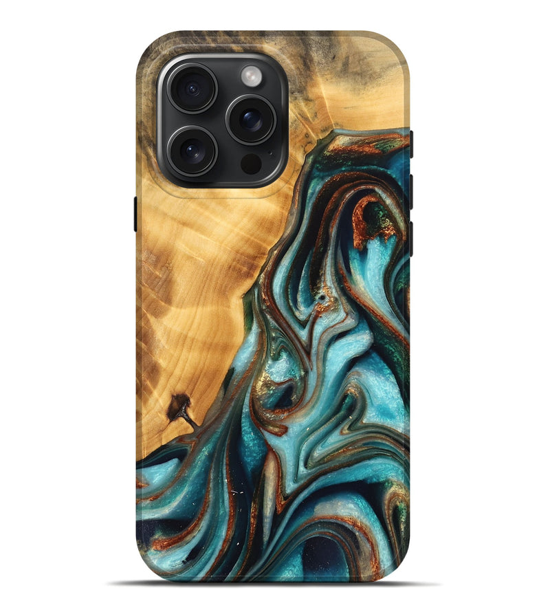 iPhone 16 Pro Max Wood Live Edge Phone Case - Malva (Teal & Gold, 744765)