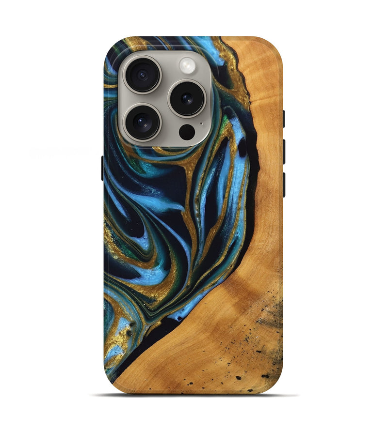 iPhone 16 Pro Wood Live Edge Phone Case - Khiry (Teal & Gold, 744767)