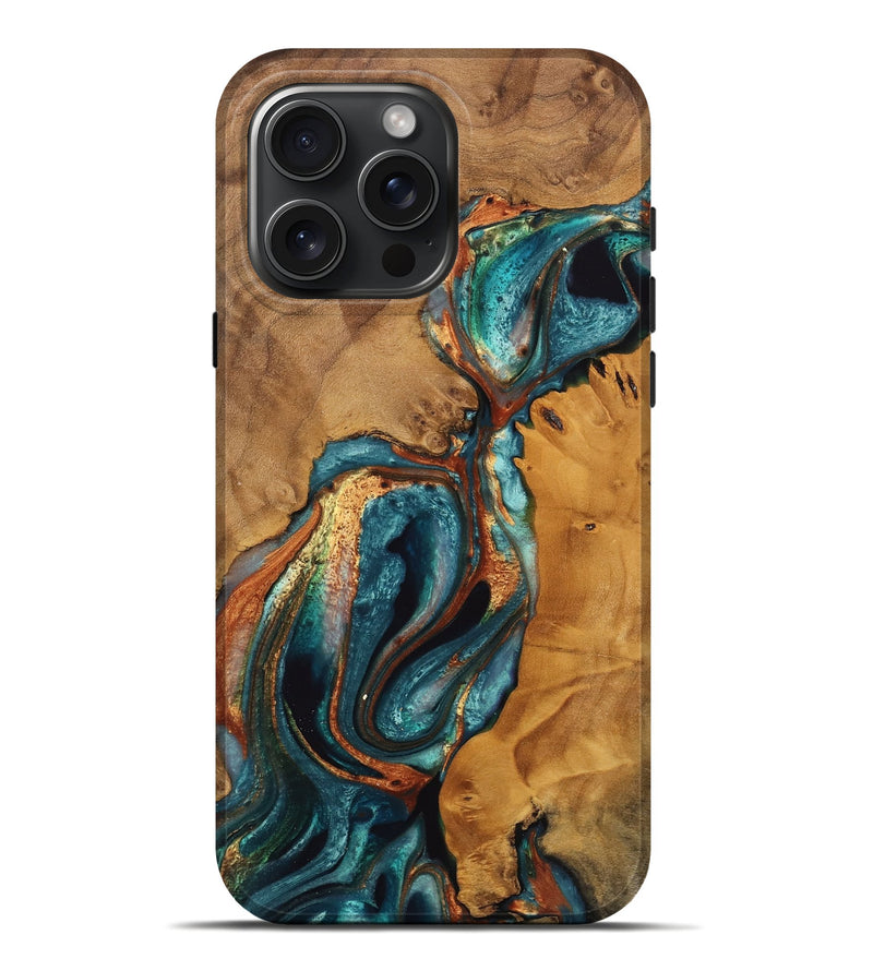 iPhone 16 Pro Max Wood Live Edge Phone Case - Callida (Teal & Gold, 744768)