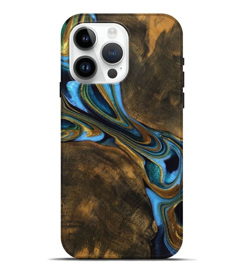 iPhone 15 Pro Max Wood Live Edge Phone Case - Mack (Teal & Gold, 744769)