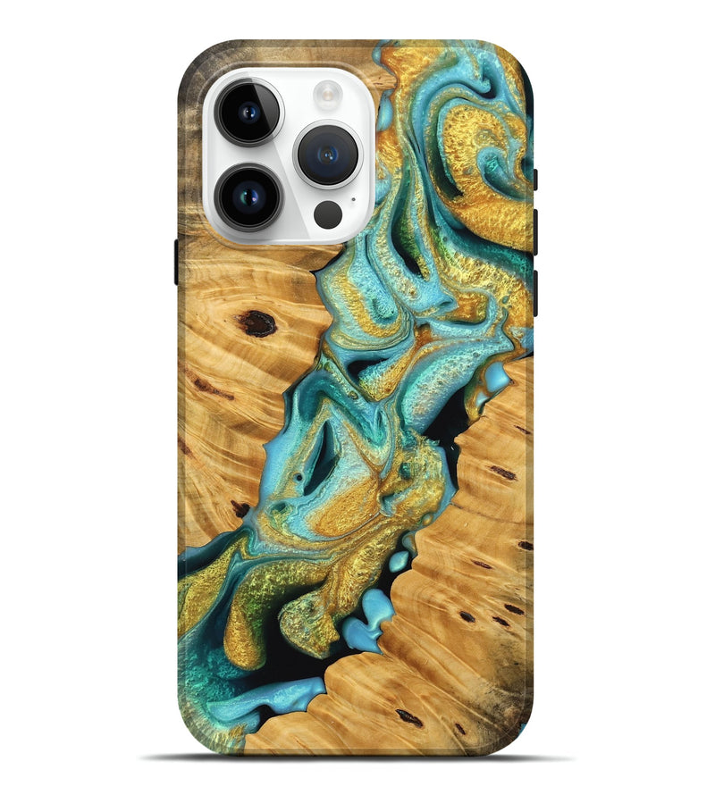 iPhone 15 Pro Max Wood Live Edge Phone Case - Pearlie (Teal & Gold, 745046)