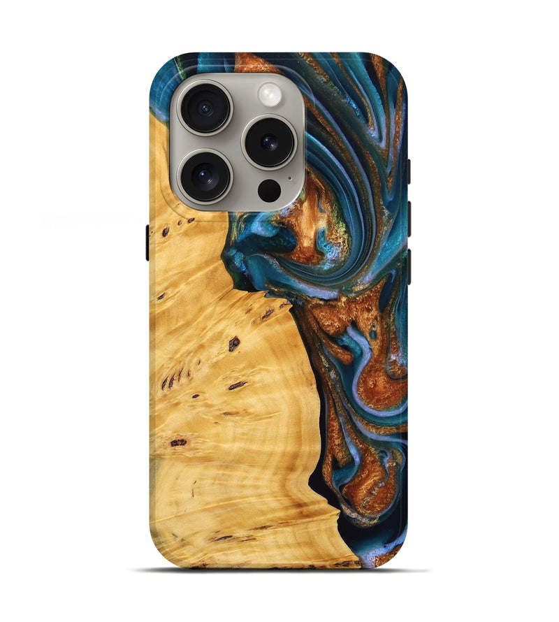 iPhone 16 Pro Wood Live Edge Phone Case - Sileas (Teal & Gold, 745047)