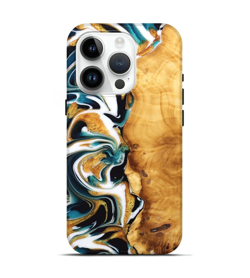 iPhone 15 Pro Wood Live Edge Phone Case - Alikee (Teal & Gold, 745048)