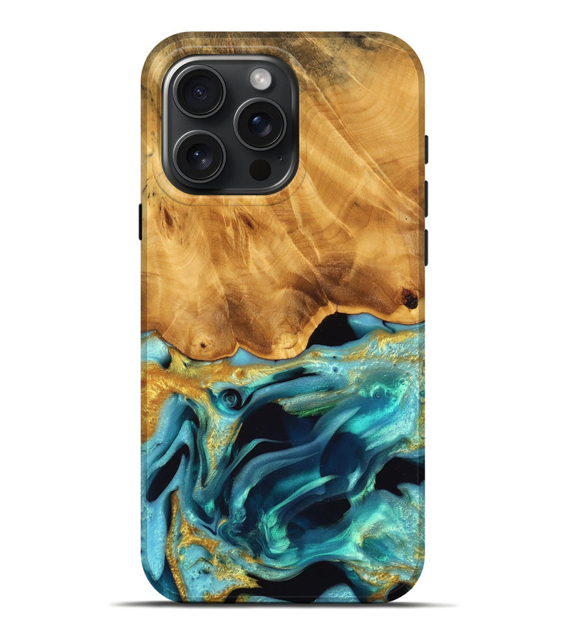 iPhone 16 Pro Max Wood Live Edge Phone Case - Ulises (Teal & Gold, 745049)