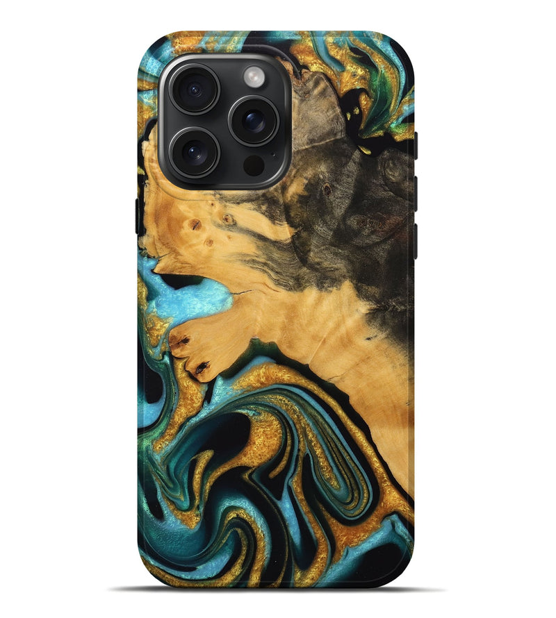 iPhone 16 Pro Max Wood Live Edge Phone Case - Janeka (Teal & Gold, 745051)