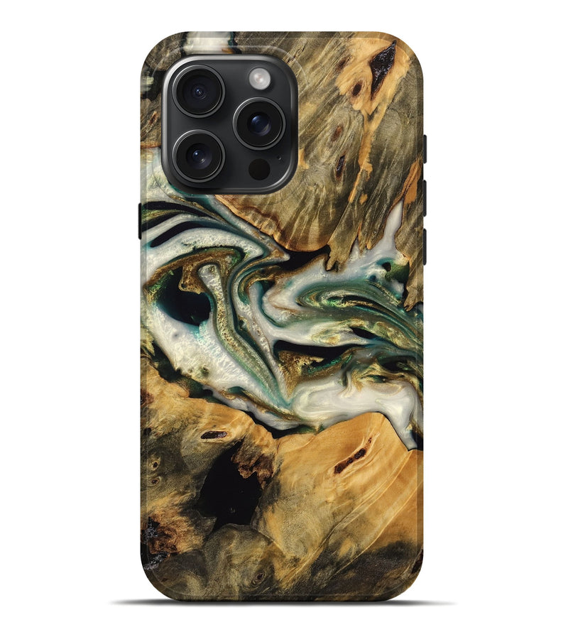iPhone 16 Pro Max Wood Live Edge Phone Case - Ilya (Teal & Gold, 745052)
