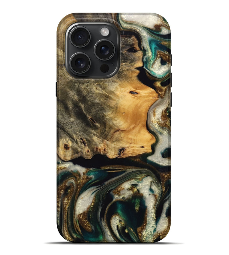 iPhone 16 Pro Max Wood Live Edge Phone Case - Aldo (Teal & Gold, 745056)
