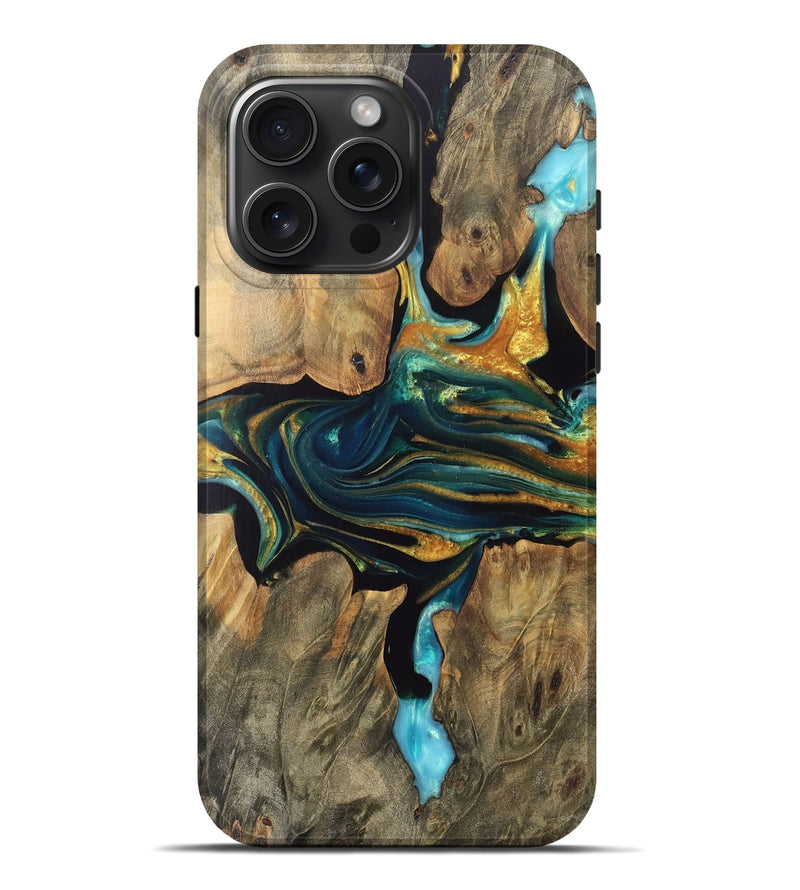 iPhone 16 Pro Max Wood Live Edge Phone Case - Kerry (Teal & Gold, 745664)