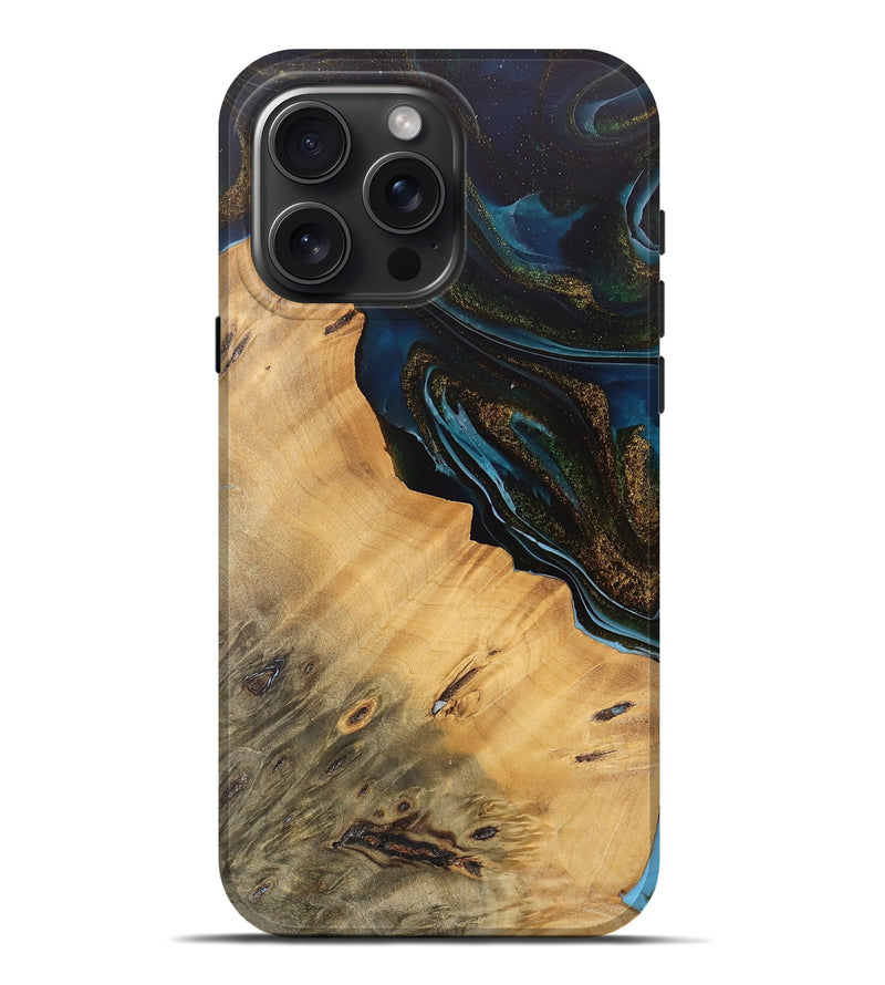 iPhone 16 Pro Max Wood Live Edge Phone Case - Maggie (Teal & Gold, 745674)