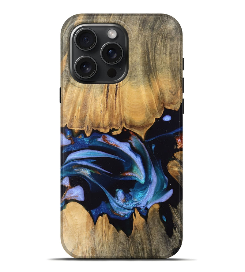 iPhone 16 Pro Max Wood Live Edge Phone Case - Rufus (Teal & Gold, 745680)