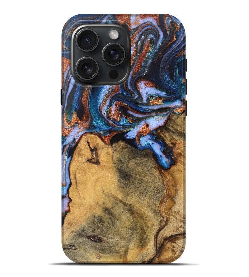 iPhone 16 Pro Max Wood Live Edge Phone Case - Dario (Teal & Gold, 745682)