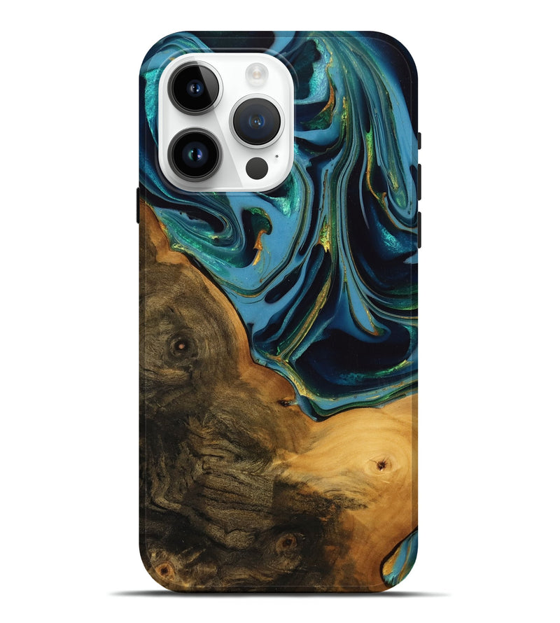 iPhone 15 Pro Max Wood Live Edge Phone Case - Collins (Teal & Gold, 746304)
