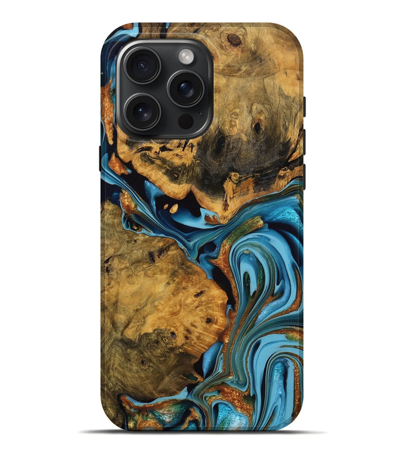 iPhone 16 Pro Max Wood Live Edge Phone Case - Roxanne (Teal & Gold, 746305)