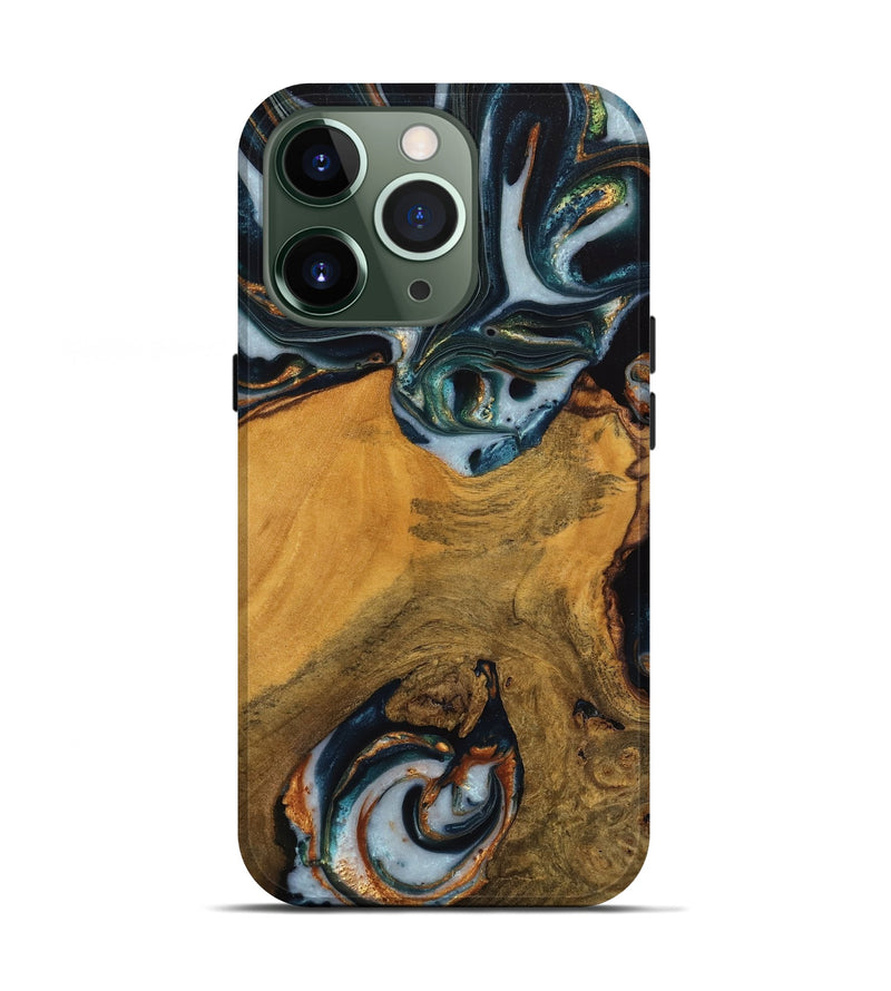 iPhone 13 Pro Wood Live Edge Phone Case - Marisa (Teal & Gold, 746308)