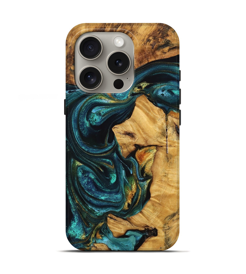 iPhone 16 Pro Wood Live Edge Phone Case - Dionne (Teal & Gold, 746811)
