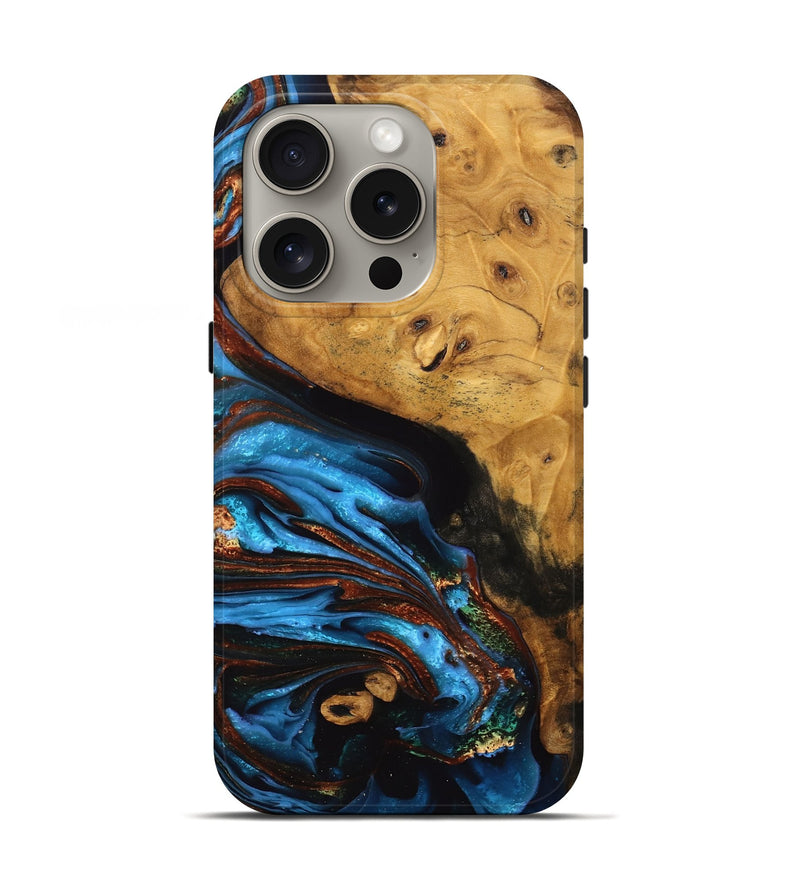 iPhone 16 Pro Wood Live Edge Phone Case - Don (Teal & Gold, 746812)