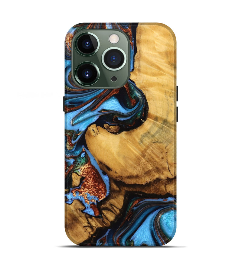 iPhone 13 Pro Wood Live Edge Phone Case - Rubin (Teal & Gold, 746814)