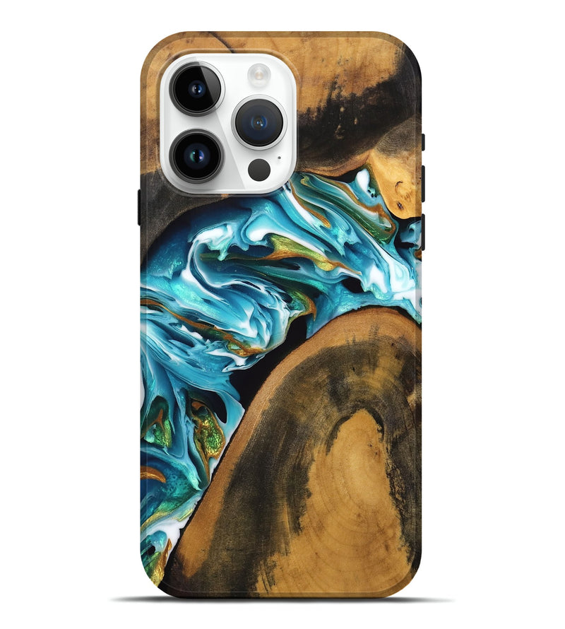 iPhone 15 Pro Max Wood Live Edge Phone Case - Ayla (Teal & Gold, 746823)