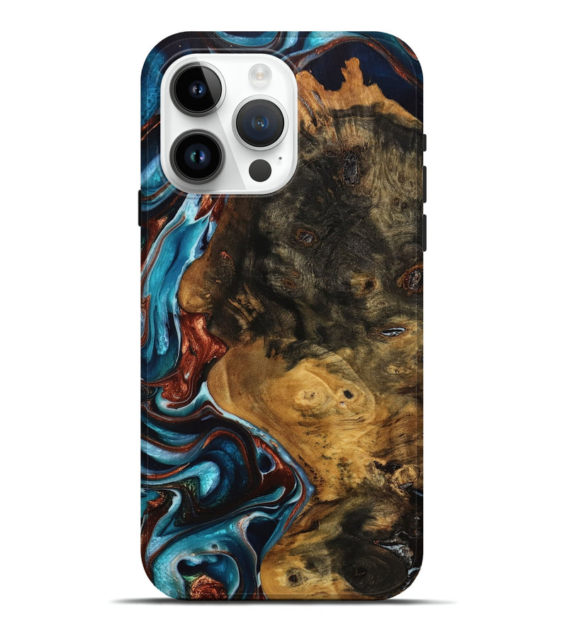 iPhone 15 Pro Max Wood Live Edge Phone Case - Luanne (Teal & Gold, 746833)
