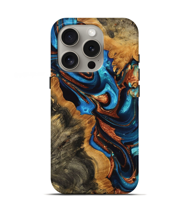 iPhone 16 Pro Wood Live Edge Phone Case - Deidra (Teal & Gold, 747479)