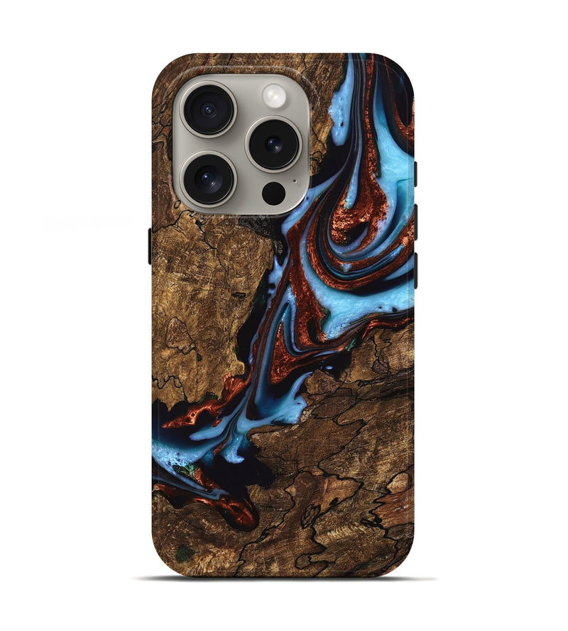 iPhone 16 Pro Wood Live Edge Phone Case - Tomas (Teal & Gold, 747480)
