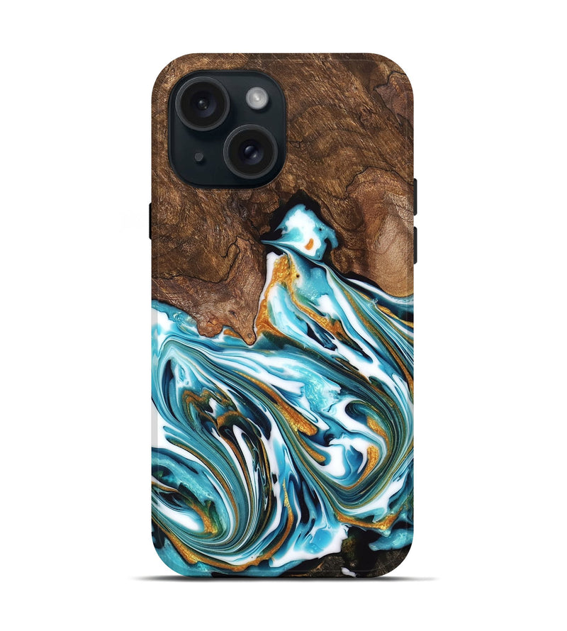 iPhone 15 Wood Live Edge Phone Case - Kaia (Teal & Gold, 747487)