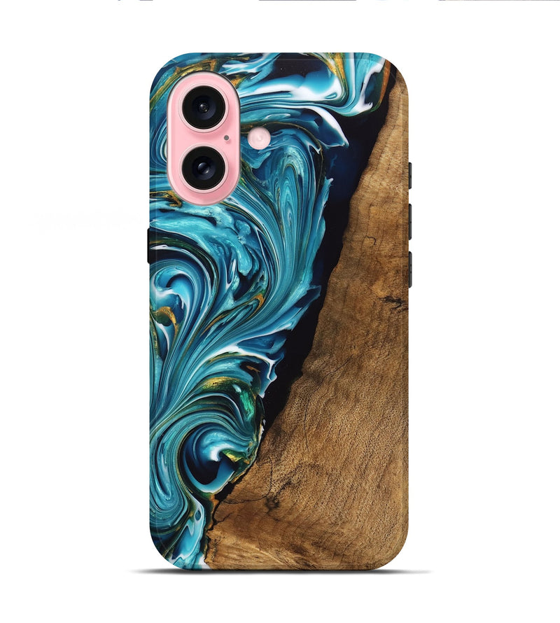 iPhone 16 Wood Live Edge Phone Case - Marcie (Teal & Gold, 747488)