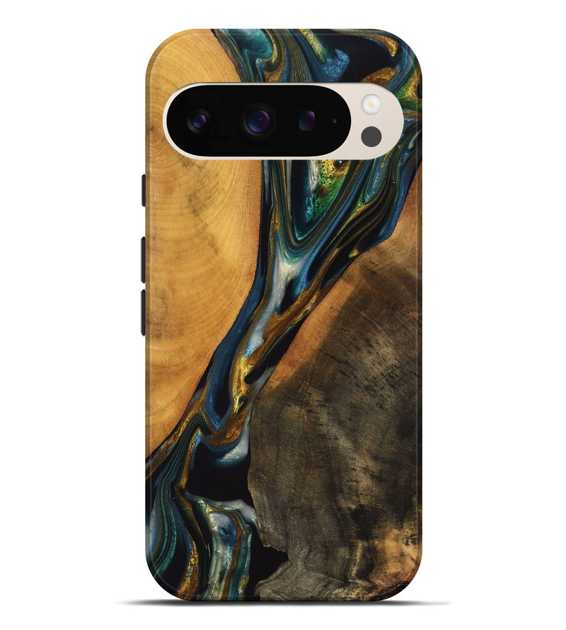 Pixel 9 Pro XL Wood Live Edge Phone Case - Karly (Teal & Gold, 747502)