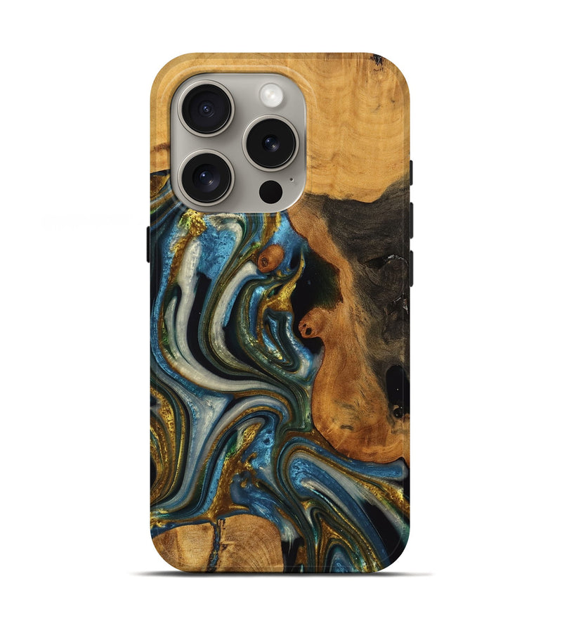 iPhone 16 Pro Wood Live Edge Phone Case - Lynda (Teal & Gold, 747503)