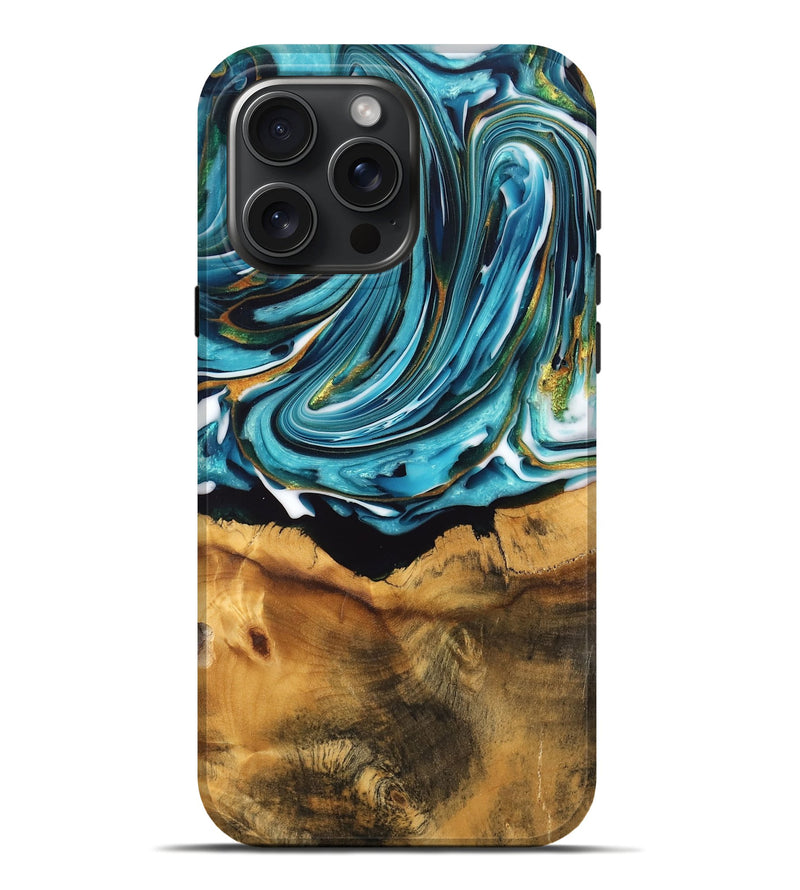 iPhone 16 Pro Max Wood Live Edge Phone Case - William (Teal & Gold, 747509)