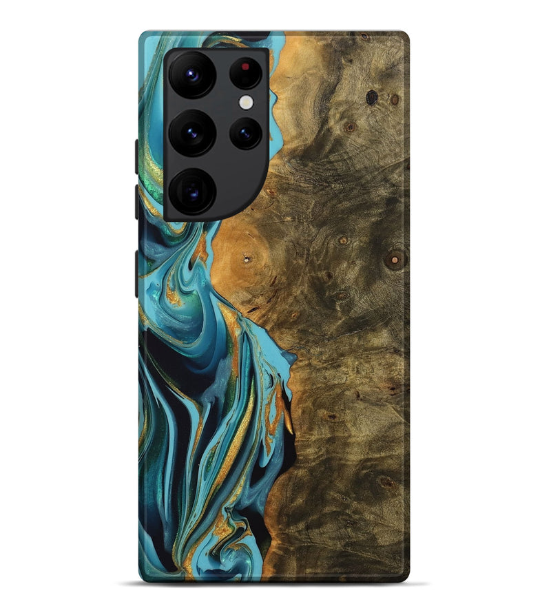 Galaxy S22 Ultra Wood Live Edge Phone Case - Buck (Teal & Gold, 747803)