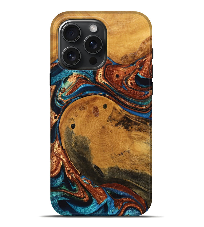 iPhone 16 Pro Max Wood Live Edge Phone Case - Kya (Teal & Gold, 747808)