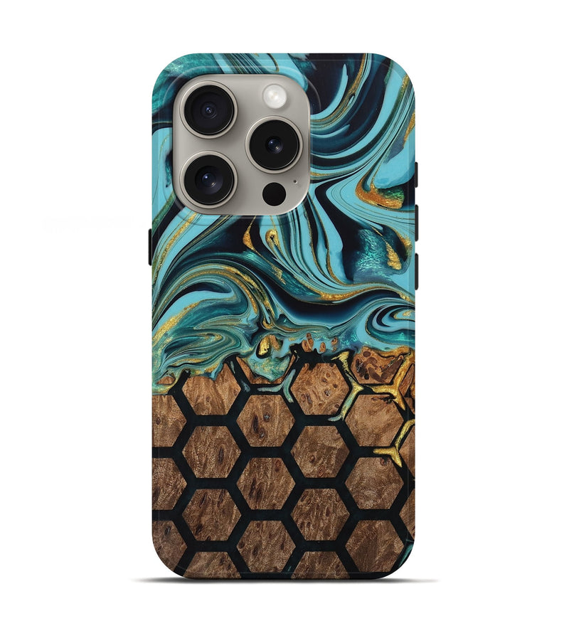 iPhone 16 Pro Wood Live Edge Phone Case - Rodolfo (Teal & Gold, 747817)