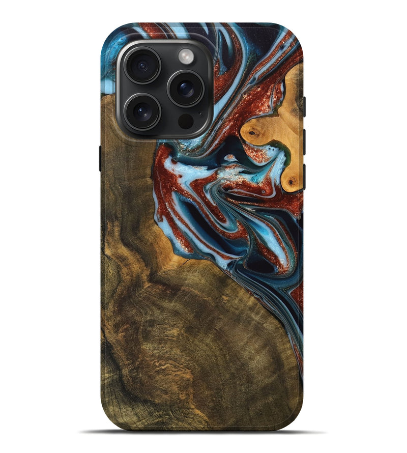 iPhone 16 Pro Max Wood Live Edge Phone Case - Cecile (Teal & Gold, 747820)